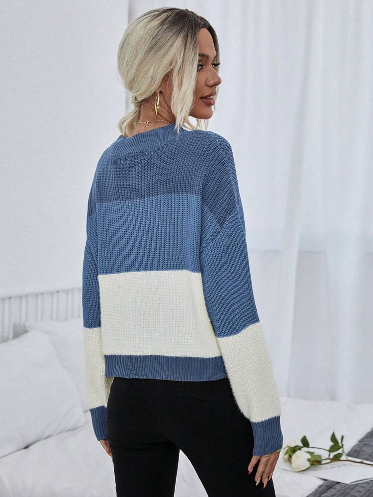 Color Block Drop Shoulder Sweater,Long Sleeve Tops Knit Pullover Fall Winter