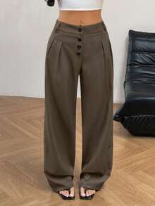 Flirla Women's Casual Versatile Solid Color Straight Leg Pants - Brown - View 5