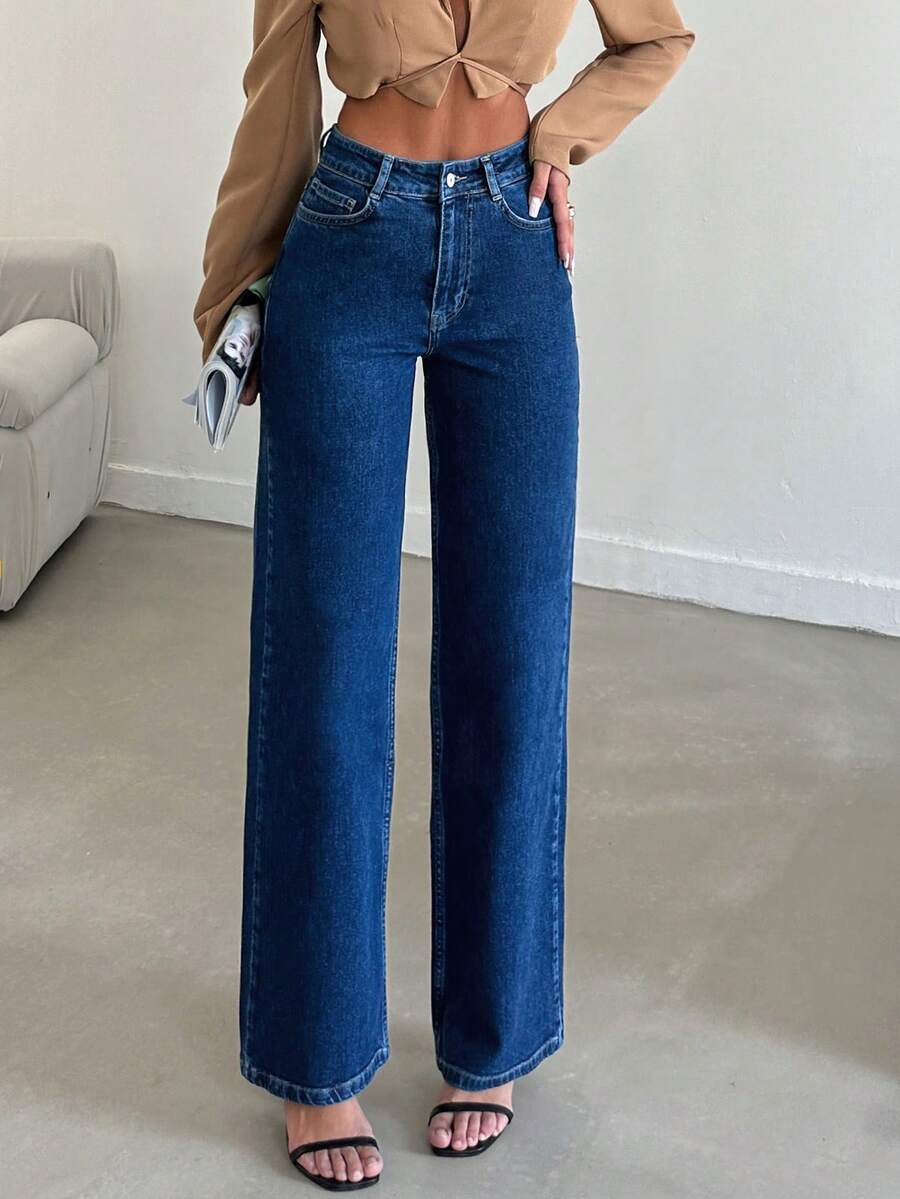 SHEIN Tall Tall Mid Waist Medium Wash Straight Jean - Medium Wash - View 1