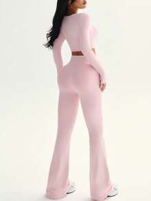 Sovereign Charm 女士秋冬运动套装，2 件套 - 长袖撞色领带运动衫和撞色腰喇叭裤，适合日常休闲装、跑步、瑜伽、健身、网球、高尔夫等 - 粉色 - 查看 4