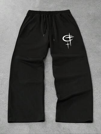 Casual بنطلون رياضي رجالي فضفاض مريح ذو ساق مستقيمة، أسود