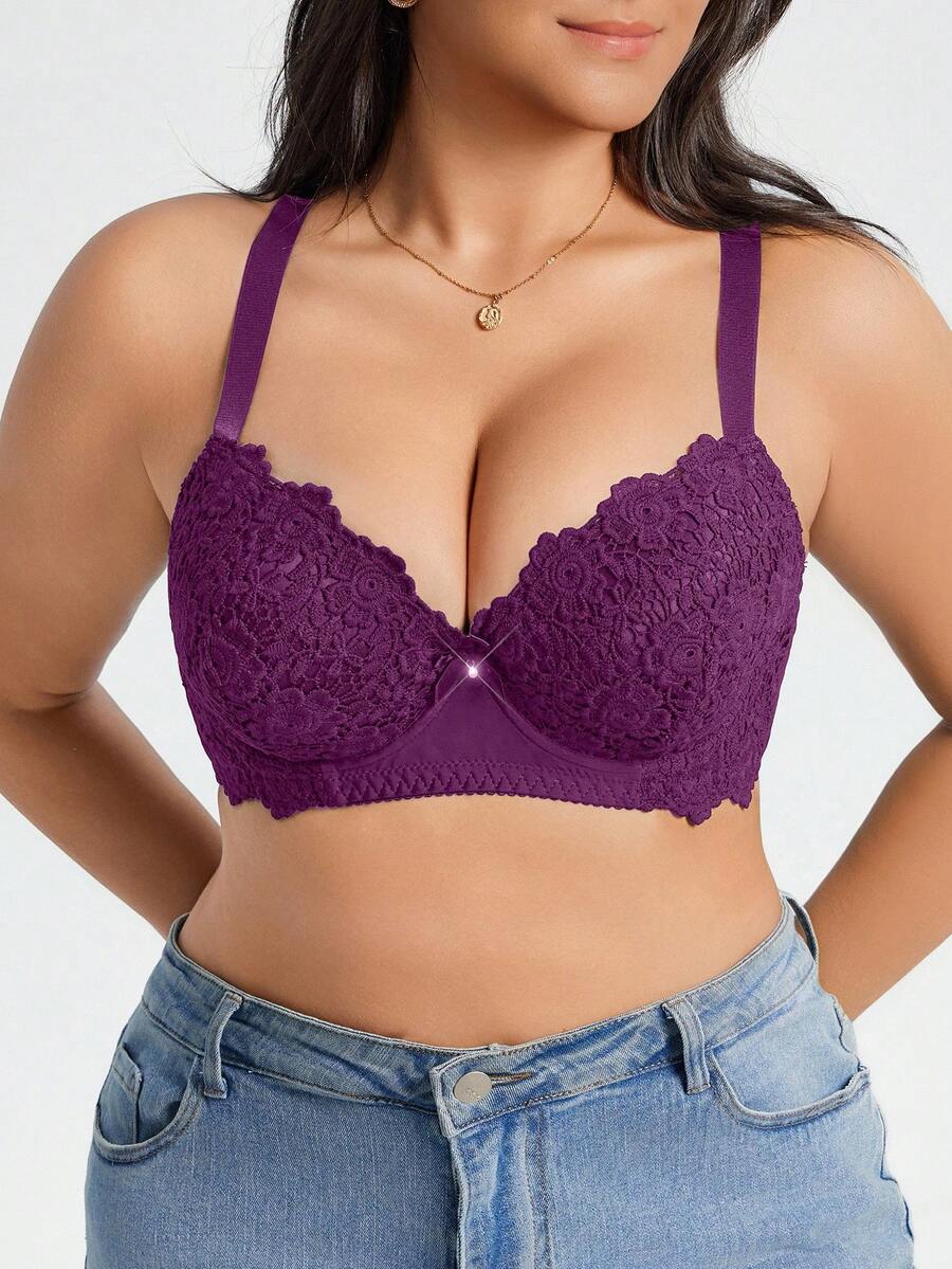 DesireSculpt 1pc Women's Embroidered Lace Adjustable Comfortable Underwire Bra - Purple - View 1