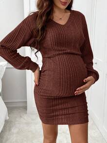 SHEIN Vestido casual de maternidade liso, cor sólida, decote em V, ombros caídos, mangas compridas e modelagem canelada. - Castanho - Ver 5