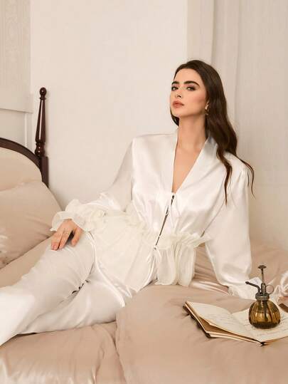 Moireta Elegante Mature Sleepwear Set Bloemen Kanten French Chic Long Sleeve Top Pants, Graceful Charming Intellectual Women Pajama In White, Fall Clothes