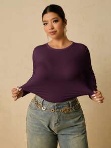 Travachic 加大码女式黑色长袖圆领保暖内衣，腰部褶皱收腹T恤 - 紫色 - 查看 7