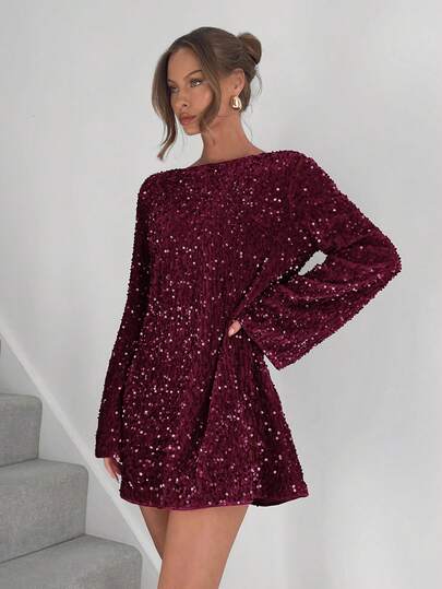 Siren Gaze Vestido mini de manga larga con cuello de barco, corte holgado y adornos de lentejuelas para mujer