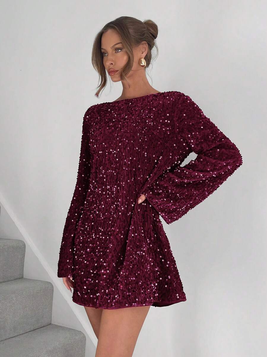 Siren Gaze Đầm mini cổ thuyền tay dài dáng rộng đính sequin lấp lánh dành cho nữ - Màu Đỏ Sâu - Xem 1