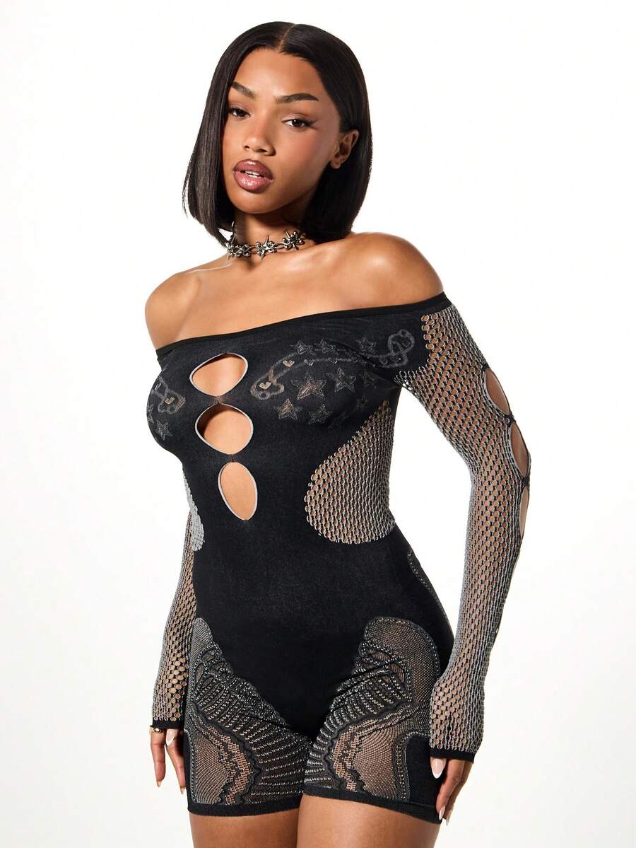 SUMWON WOMEN Off Shoulder Lace Mesh Jumpsuit With Cutout Details Long Sleeve Romper For Party Club - Black - View 1