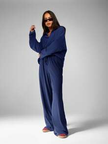 MISSGUIDED 女士柔软触感套装，宽松V领上衣搭配阔腿裤，休闲家居服 - 藏蓝色 - 查看 3