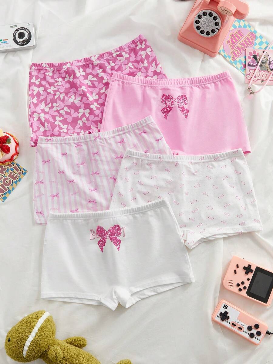 5pcs/Pack Girls' Cute Bow & Floral Print Breathable Comfy Briefs - Multicolor - View 1