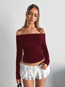SHEIN EZwear 女士露肩修身休闲长袖T恤，酒红色，春秋季 - 酒紅色 - 查看 5