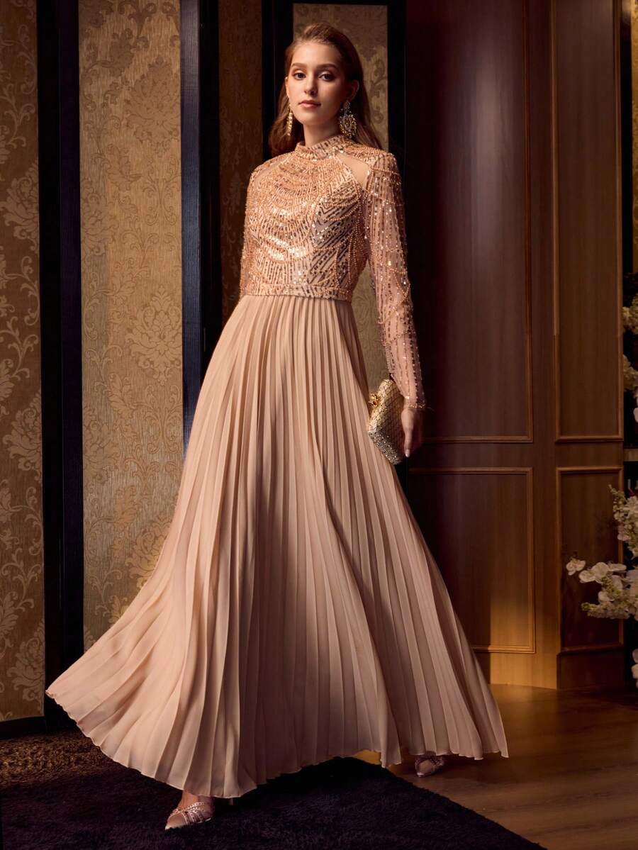 MOTF Soiréza Váy dạ hội dài tay cổ đứng thanh lịch dành cho nữ - Thân áo thiết kế cắt xẻ, vải đính hạt với các tấm voan chiffon, viền xếp ly & kiểu dáng ôm vừa vặn cho tiệc cưới, tiệc dạ hội & sự kiện trang trọng & tiệc dạ hội cà vạt đen, sự kiện thảm đỏ, tiệc chiêu đãi đám cưới sang trọng và lễ trao giải, tiệc cưới, dạ hội & tiệc trang trọng - Rượu sâm banh - Xem 2