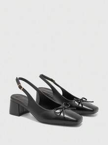 CUCCOO BIZCHIC 女士经典蝴蝶结装饰露跟中跟鞋，黑色，适合工作和日常穿着。 - 黑色 - 查看 2