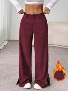 Flirla Pantalones largos rectos y sueltos con abertura lateral de pana de moda informal para otoño/invierno para mujeres - Burdeos - Ver 6