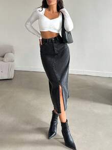 Tall High Waist Front Slit Denim Skirt - Black - View 4
