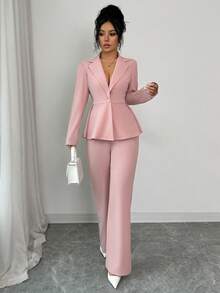 SHEIN Elenzya 女士优雅荷叶边下摆西装外套搭配直筒裤套装，浪漫精致的商务装扮 - 粉色 - 查看 6
