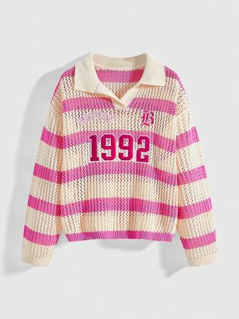 ROMWE Avant Women's Half-Zip Sporty Knit Sweater, Retro Street Style Back To School Collegiate Look