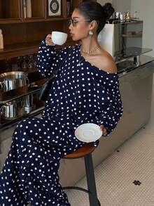 Muchica Ensemble sweat-shirt ample à épaules obliques et pantalon de jogging à pois pour femmes, automne/hiver - Bleu marine - Voir 5