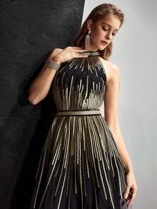 MOTF Soiréza 优雅亮片刺绣镂空连衣裙，喇叭裙摆，适合宴会和派对穿着 - 黑色 - 查看 7