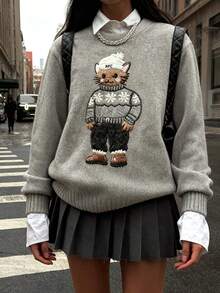 SHEIN EZwear 休闲简约可爱卡通猫咪百搭女式毛衣，适合秋冬季节，时尚可爱，卡通风格，街头风