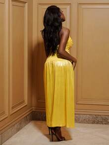 SHEIN BamGlam Women's Solid Color Fitted Ruched Bandeau Split Dress - Yellow - View 2