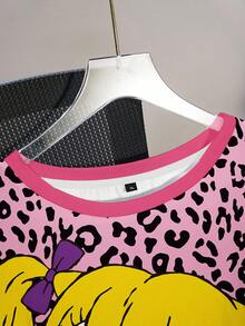 Nick 90s | SHEIN 大码豹纹和卡通图案圆领短袖T恤 - 白色 - 查看 3