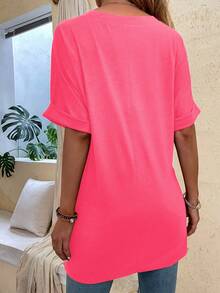 EMERY ROSE Solid Color V-Neck Loose Long Casual T-Shirt With Side Slits - Coral Pink - View 2