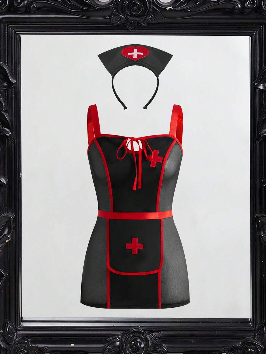 Fantasy Costume Fantasia Feminina (Vestido, Meia-Calça de Rede, Tiara) - Preto - Visão 1