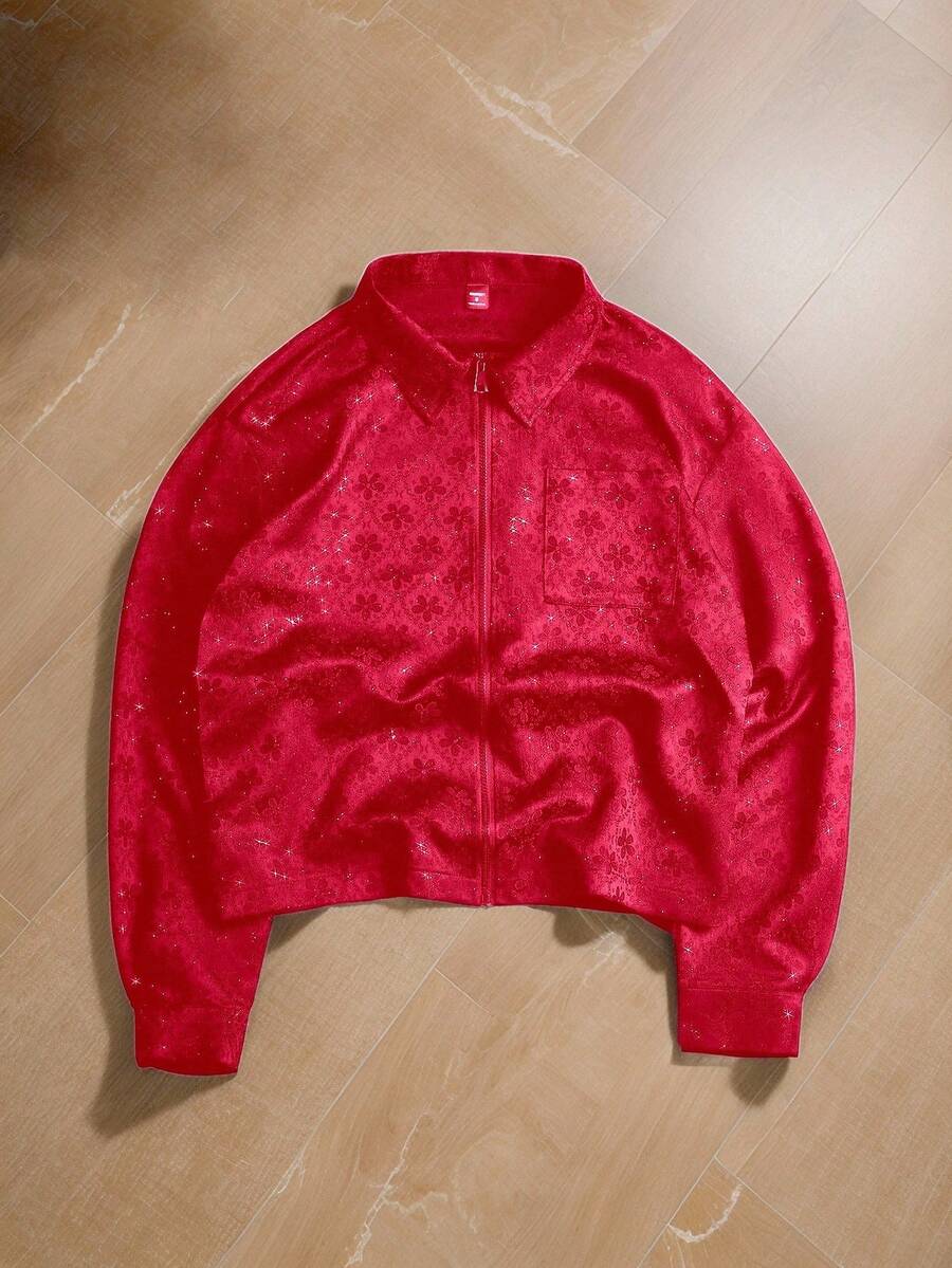 TOKVUE Áo sơ mi nam dài tay, kiểu dáng thường ngày, chất liệu jacquard, có khóa kéo. - Đỏ - Xem 1