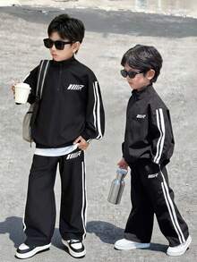 SHEIN Little Byeori 2pcs Tween Boy Casual Korean Style Loose Fit Jacket With Stand Collar & Drawstring Pants Set, Suitable For Autumn/Winter Athleisure