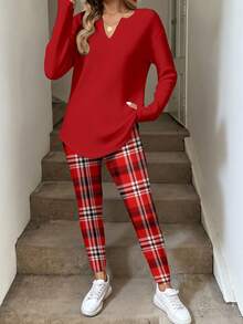 EMERY ROSE Casual Plus Size Solid Color Minimalist Long Sleeve Top & Plaid Pants 2 Pieces Set - Red - View 5