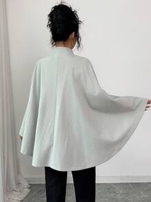 Elenzga Women's Grey Wool Blend Stand Collar Button Decor Loose Waist Belt Design Elegant Street Style Travel Atmosphere Winter New Multifunctional Fashion Luxury Wool Coat - Multicolor - View 2