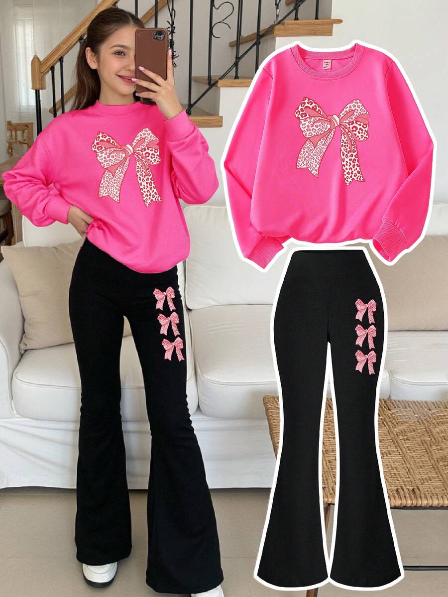 SHEIN 2件組休閒粉色豹紋蝴蝶結圖案洋紅色圓領長袖衛衣與黑色喇叭褲套裝,適合秋冬,舒適疊穿時尚小女孩穿搭 - 彩色 - 查看 1
