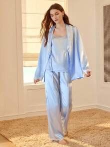 MOTF PREMIUM SATIN CAMI TOP & CONTRAST LACE LONG SLEEVE TOP & PANTS PAJAMA SET - Blue - View 3
