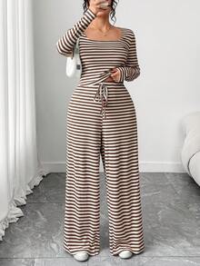 SHEIN EZwear 大码条纹上衣和裤子休闲两件套 - 彩色 - 查看 1