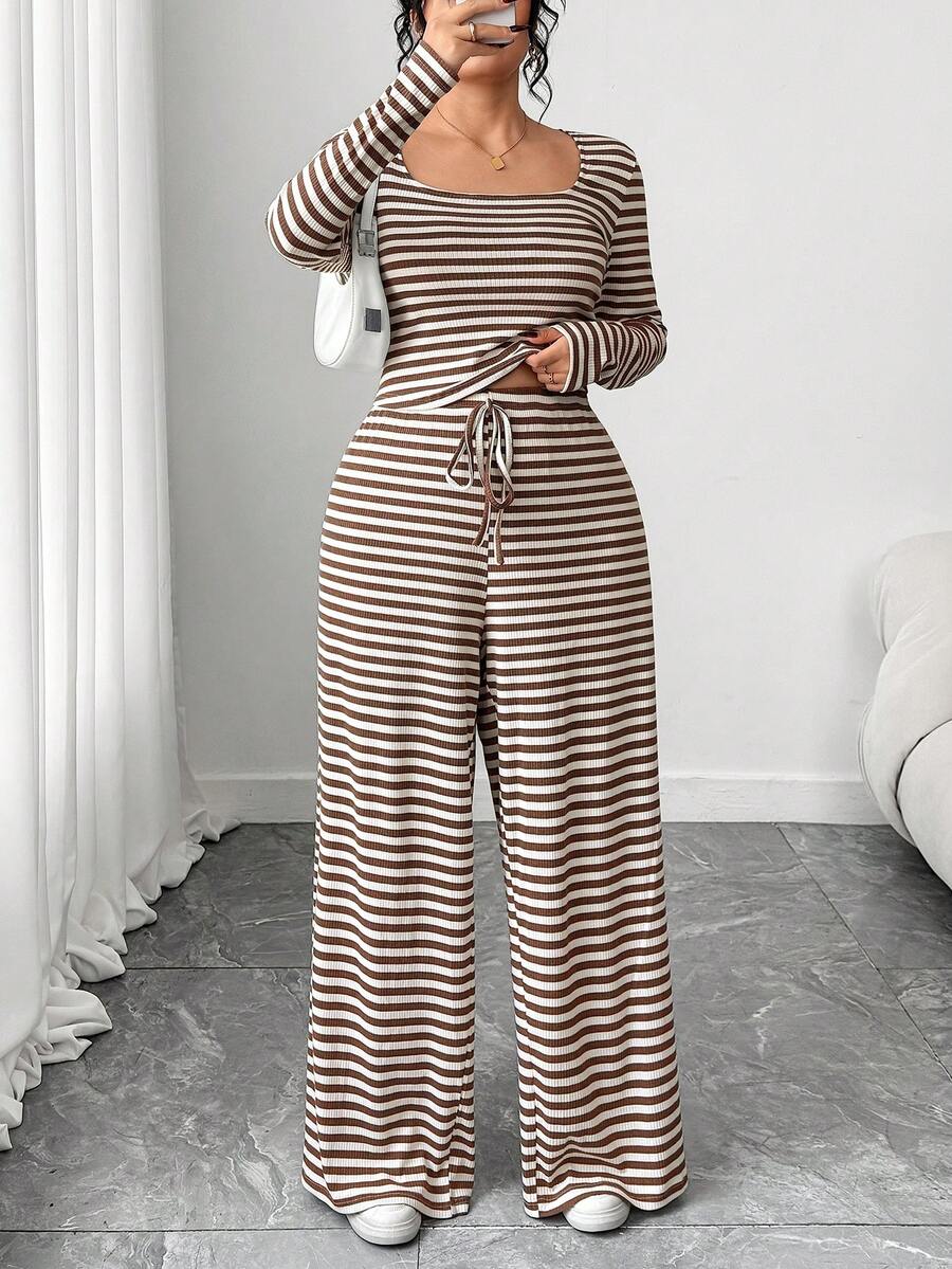 SHEIN EZwear 大码条纹上衣和裤子休闲两件套 - 彩色 - 查看 1