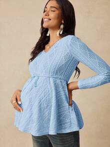 Boho Mama 孕妇几何图案V领长袖抽绳腰休闲T恤 - 淺藍色 - 查看 5