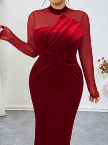 Elenzga 大码女式天鹅绒拼接紧身连衣裙，高弹力，3D立体塑形，性感优雅，适合派对、下午茶、通勤、时尚外出等场合，黑色 - 紅色 - 查看 1