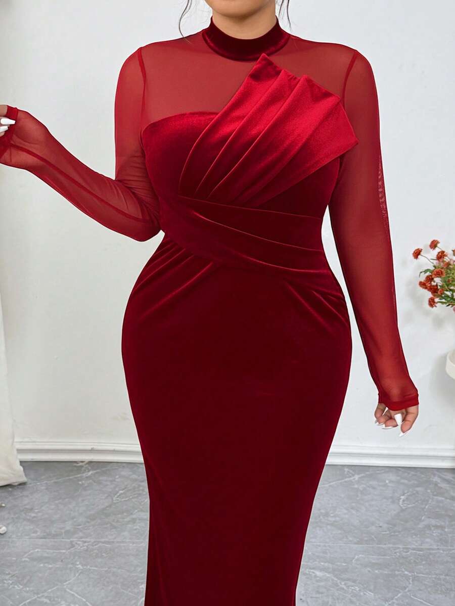 Elenzga 大码女式天鹅绒拼接紧身连衣裙，高弹力，3D立体塑形，性感优雅，适合派对、下午茶、通勤、时尚外出等场合，黑色 - 紅色 - 查看 1