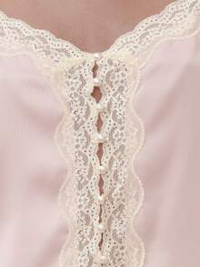 lacRébo 粉色缎面睡衣套装，含蕾丝边吊带背心和荷叶边短裤 - 藕粉色 - 查看 6