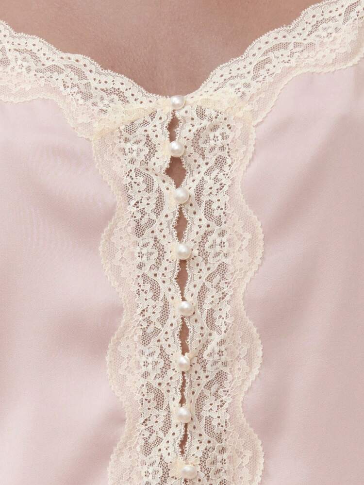 Pink Satin Sleepwear Set With Lace-Trim Cami And Scalloped Shorts Spring Summer Pajama Set Pink Sleepwear Spring