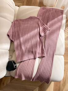Elladie kids Komplet 2 sztuk dla nastolatek: różowy top z krótkim rękawem i spodnie dzwony z teksturowanej tkaniny - Różowy - Zobacz 2