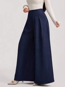Veilorie Relaxed High Waist Wide Leg Casual Pants, New Style - Navy Blue - View 3