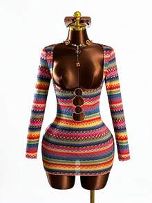 Zestiva Women's Multicolor Rainbow Dress,Red White And Blue Summer Boho Beach Party Holiday Elegant One-Piece Swimsuit Cover Up Resort Casual Clothes - Multicolor - View 1