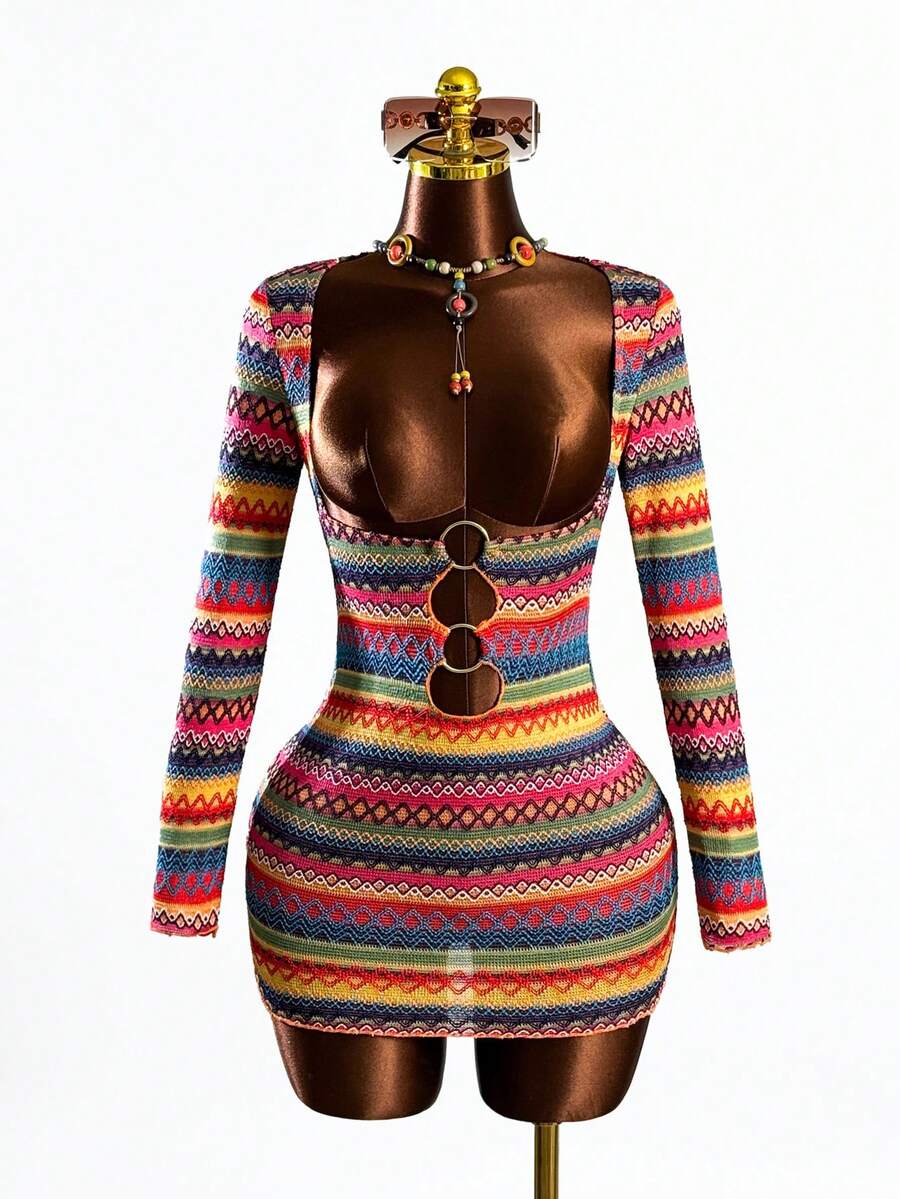 Zestiva Women's Multicolor Rainbow Dress,Red White And Blue Summer Boho Beach Party Holiday Elegant One-Piece Swimsuit Cover Up Resort Casual Clothes - Multicolor - View 1