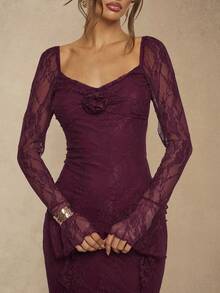 Silquee 女士长款纯色蕾丝连衣裙，饰有3D立体花卉图案 - 酒紅色 - 查看 10