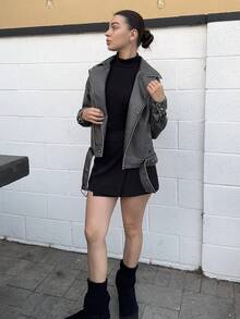 Andrea Bello Giacca  in pelle PU vintage lavata con collo a bavero e taglio morbido - Grigio Scuro - Visualizzare 4