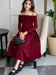 SHEIN Girlism 少女露肩褶饰A字长裙，红色 - 酒紅色 - 查看 4