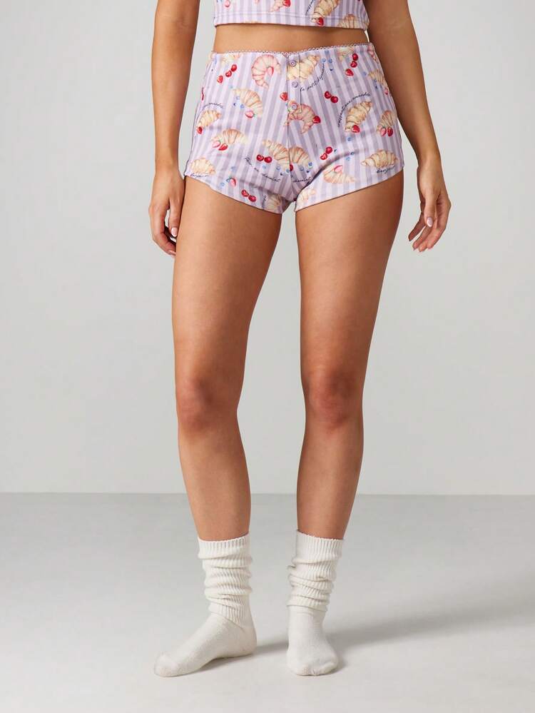 MISSGUIDED Croissant Cherry Print Sleep Shorts For Women Pajama Lounge High Waist Elastic Summer Nightwear Comfortable