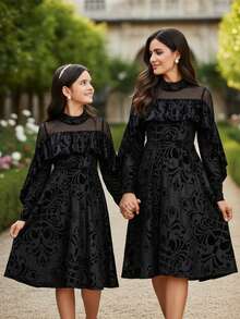 SHEIN 1 pezzo Abito elegante da ragazza in in rete e velluto, per primavera/autunno - nero - Visualizzare 2